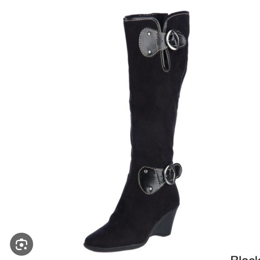 Aerosoles Women's Wonderling Black Faux Suede Wedge Heel Knee High Sz 7
